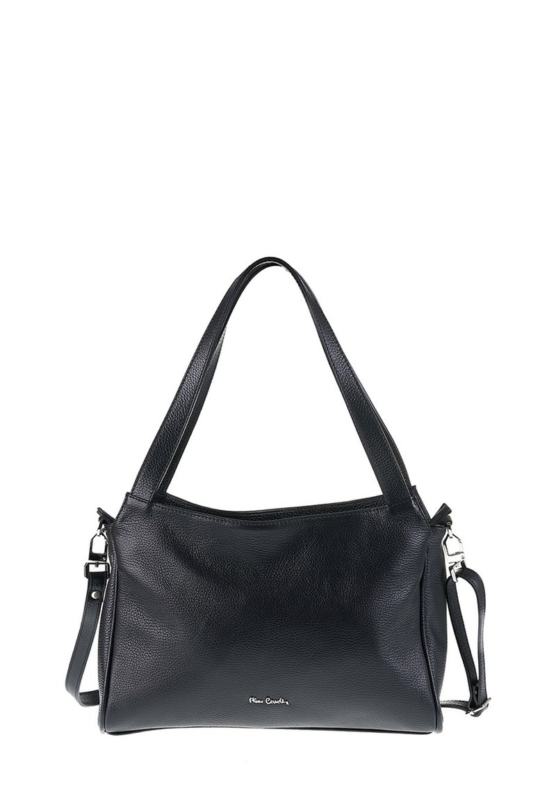 Borsa a tracolla in pelle nera con superficie texturizzata, doppi manici, tracolla removibile e dettagli in metallo argentato. Design semplice e funzionale.