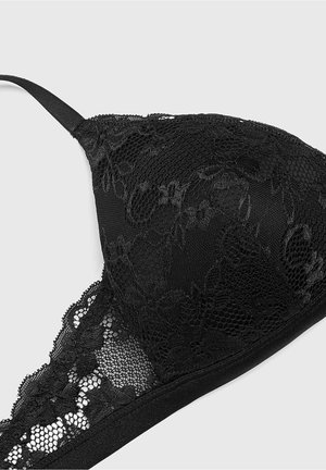 Zwarte kant bralette met bloemenpatronen, gladde stof, verstelbare banden en een zachte onderband voor comfort.