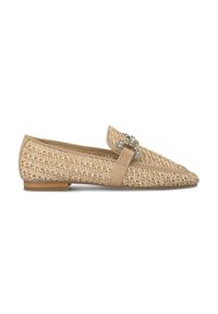 Woven beige flats with a pointed toe, light leather trim, and decorative rhinestone accents on the vamp. Flat wooden sole.