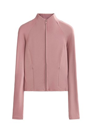 Svetloružová bunda na zips s dlhými rukávmi, s rebrovanou textúrou na pleciach a stranách, s priliehavým strihom.