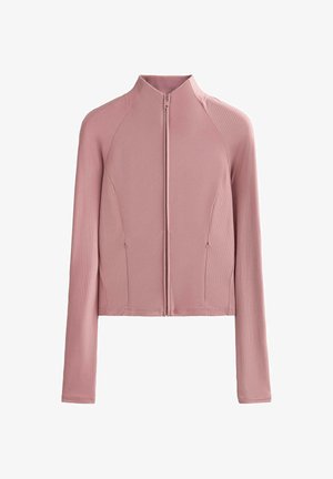 Svetloružová bunda na zips s dlhými rukávmi, s rebrovanou textúrou na pleciach a stranách, s priliehavým strihom.