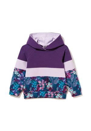 Bluza z kapturem dla dzieci z blokami kolorów w odcieniach fioletu i jasnego lawendowego, zdobiona kwiatowymi i liściastymi wzorami na dolnych partiach rękawów i na dole.