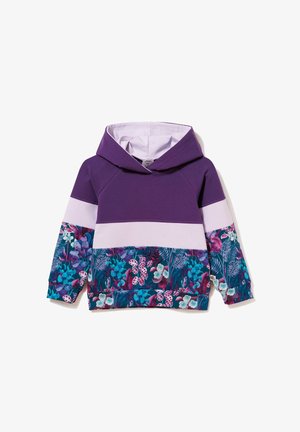 Bluza z kapturem dla dzieci z blokami kolorów w odcieniach fioletu i jasnego lawendowego, zdobiona kwiatowymi i liściastymi wzorami na dolnych partiach rękawów i na dole.
