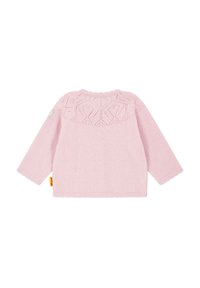 Maglione lavorato a maglia rosa chiaro, maniche lunghe, con un motivo geometrico testurizzato sul retro e un collo rotondo. Presenta un piccolo etichetta.