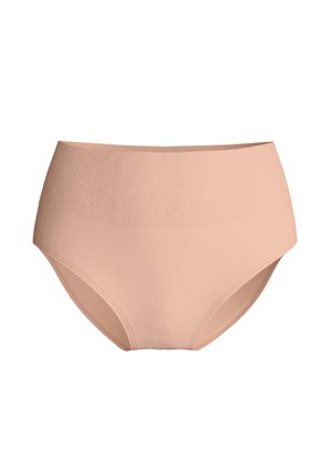Seamless high-waist nude-colored women's underwear with smooth fabric and elastic waistband for full coverage and comfort.