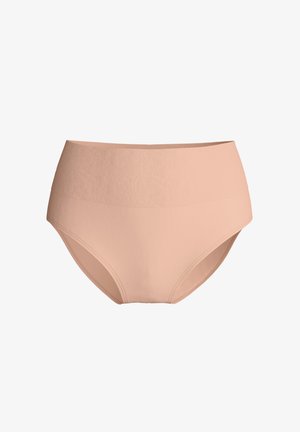 Seamless high-waist nude-colored women's underwear with smooth fabric and elastic waistband for full coverage and comfort.