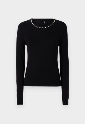 Maglione nero a maniche lunghe con scollatura tonda decorato con piccole perle finte bianche. Realizzato in un tessuto liscio e leggero.
