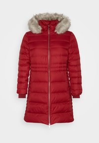 Rode geweven lange winterjas met rits aan de voorkant, met een capuchon met bontafwerking en geribde manchetten op de mouwen.