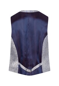Marineblauer Weste mit Paisley-musternden Seitenpanelen. Glattes und strukturiertes Gewebe, mit einer kleinen Schnalle auf der Rückseite zur Anpassung.