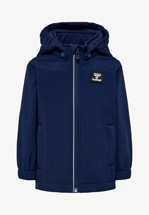 Granatowa kurtka zapinana na zamek błyskawiczny z kapturem, wykonana z miękkiego, gładkiego materiału. Posiada elastyczne mankiety, boczne kieszenie oraz naszywkę z logo na klatce piersiowej.