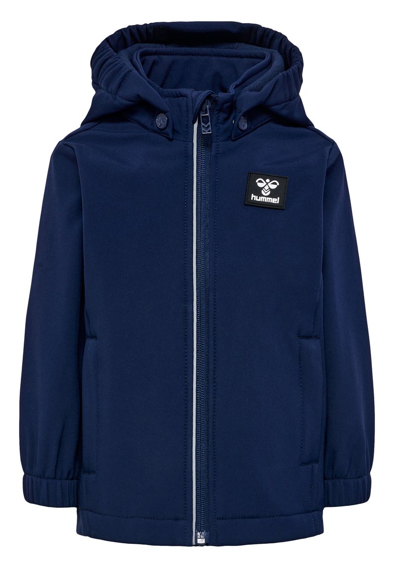 Marinblå zip-up jacka med huva, tillverkad av mjukt, slätt tyg. Har elastiska ärmslut, sidofickor och en logopatch på bröstet.