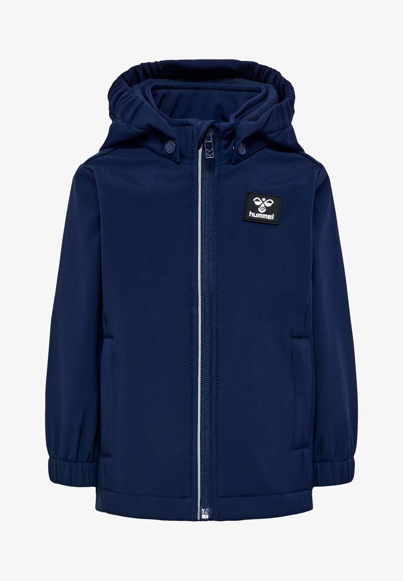 Marineblå hættetrøje med lynlås, lavet af blødt og glat stof. Har elastiske manchetter, sidelommer og et logo-patch på brystet.