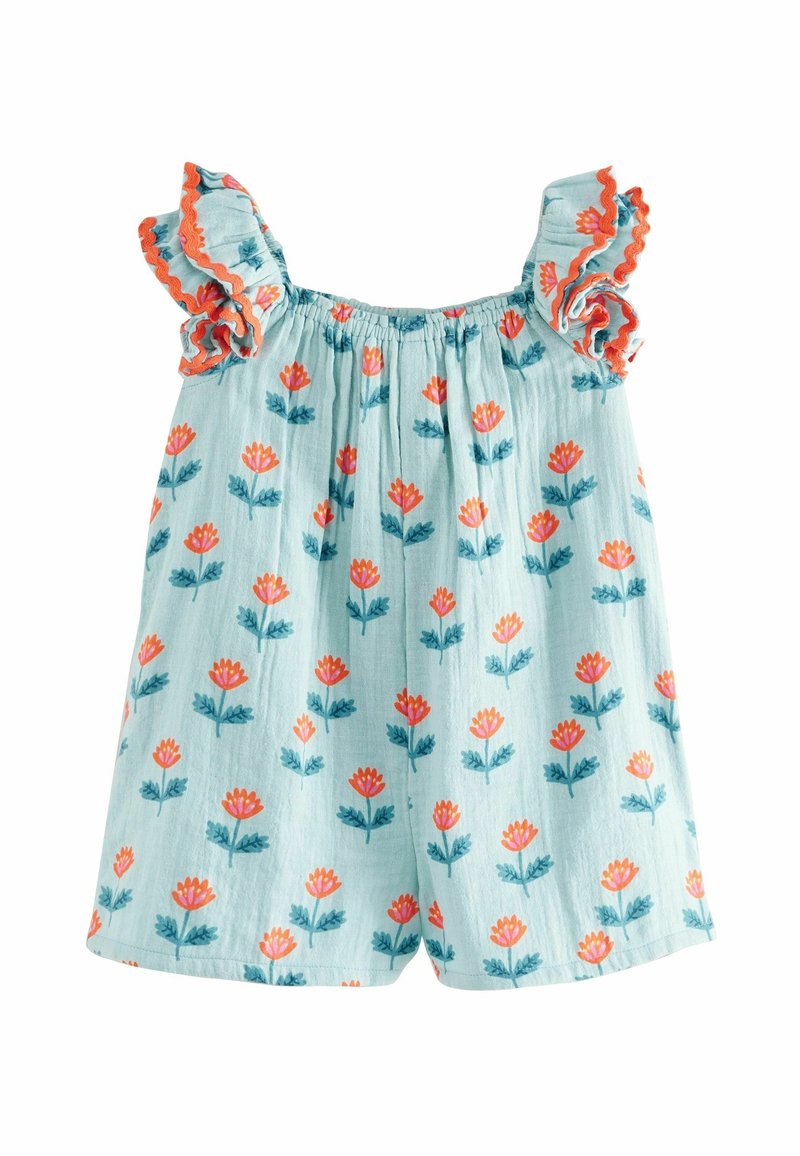 Combinaison florale en bleu clair avec des motifs de fleurs orange et vert. Comprend des bretelles volantes et un col élastiqué pour un ajustement décontracté.