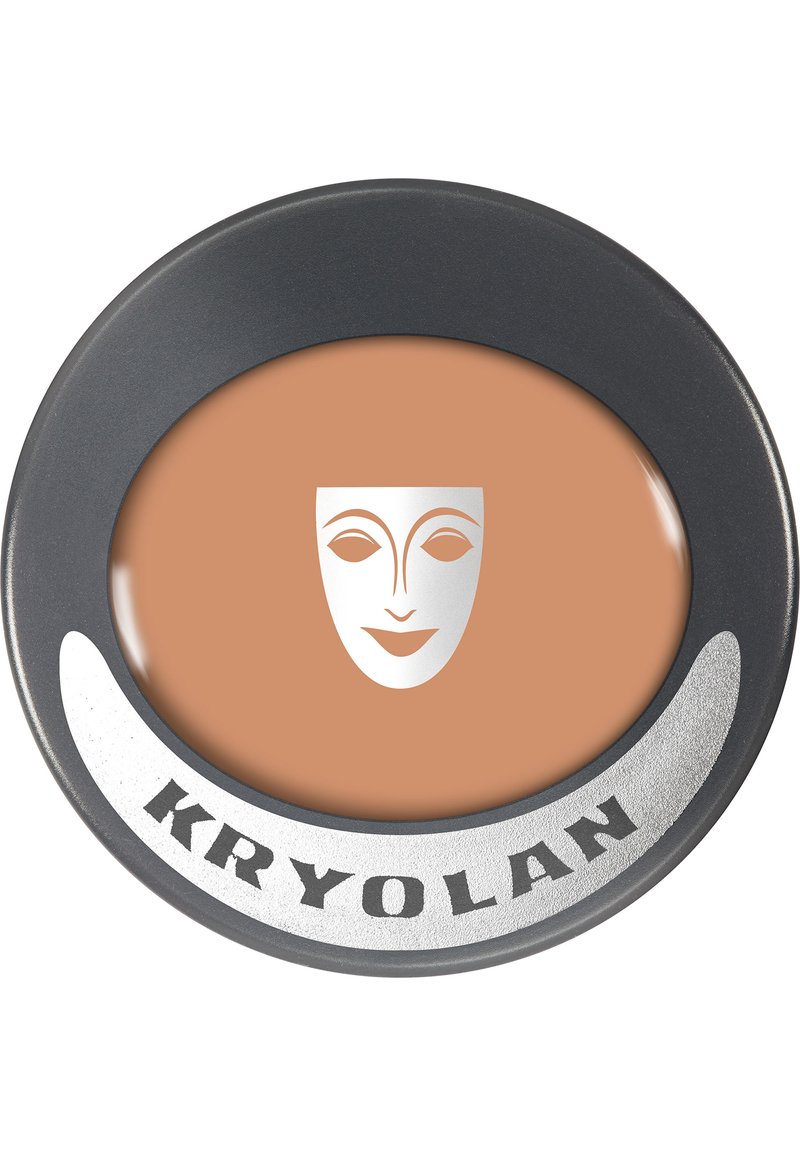 Kryolan face powder in a round compact. Beige product with a glossy finish, featuring a silver face logo and a black rim.