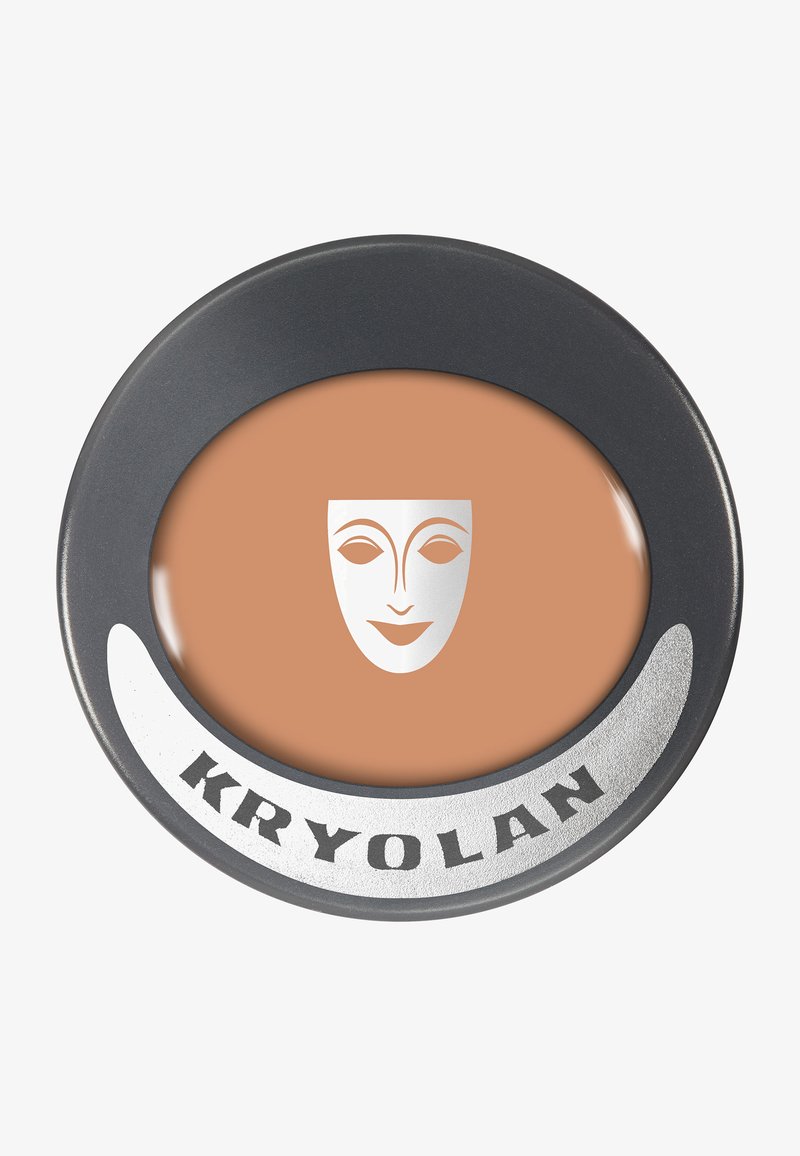 Kryolan face powder in a round compact. Beige product with a glossy finish, featuring a silver face logo and a black rim.
