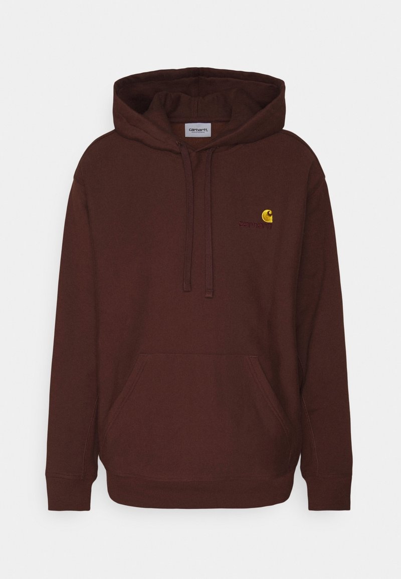 Tummanpunainen huppari, jossa on etupuolella kengurun tasku, kiristysnaruilla varustettu huppu ja pieni brodeerattu logo rinnassa. Pehmeä, puuvillasekoitekangas.