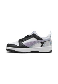Sneakers in bianco e nero con una tomaia in pelle liscia, dettagli testurizzati, una striscia viola e una suola in gomma. Presentano un design leggero.