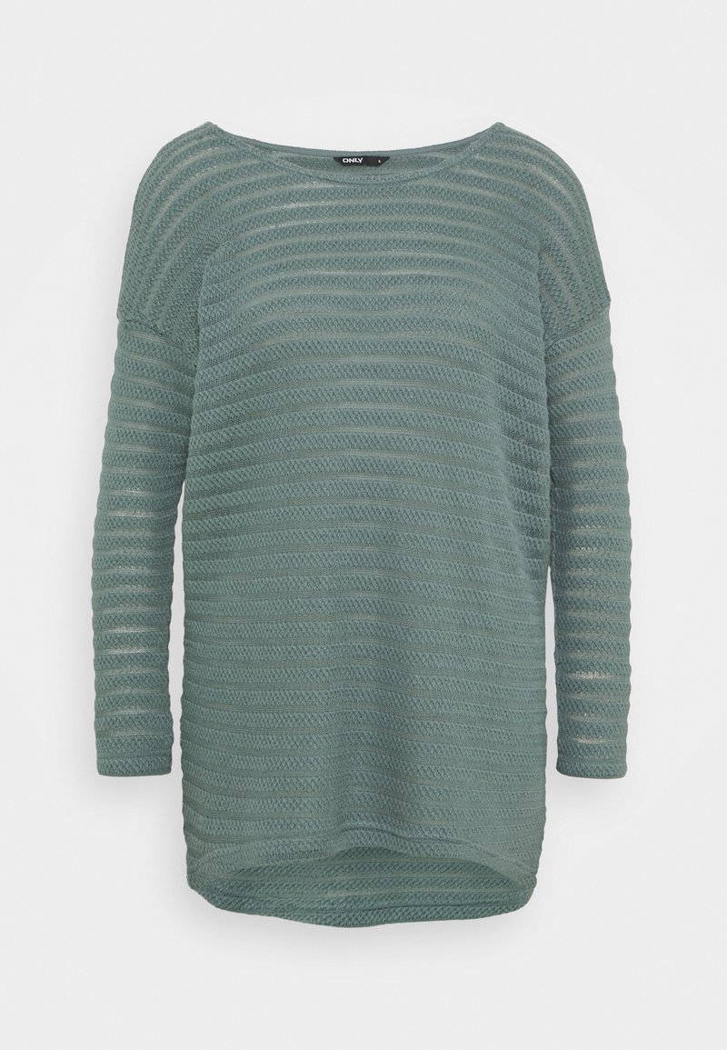 Sweater de malha em teal claro com um corte descontraído, mangas longas, decote largo e um padrão listrado texturizado.