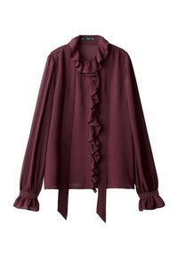 Blouse bordeaux à manches longues, avec col volanté et avant froncé, fermeture par boutons et poignets volantés. Fabriquée en tissu léger.