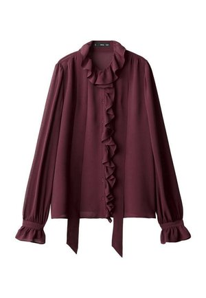 Bordeaux blouse met lange mouwen, gerimpelde kraag en voorpand, knoopsluiting en gerimpelde manchetten. Gemaakt van lichtgewicht stof.