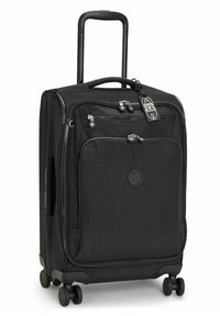 Black wheeled suitcase with a textured surface, two zippered compartments, a retractable handle, and four spinner wheels.
