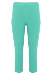 Türkise Caprihosen aus glattem, dehnbarem Stoff mit einem elastischen Bund und gesäumten Kanten, die für Komfort und Bewegungsfreiheit sorgen.