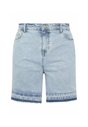 Lichtblauwe denimshorts met een hoge taille, knoop aan de voorkant, ritssluiting, zakken en rafelige zomen met donkerdere denimafwerking.