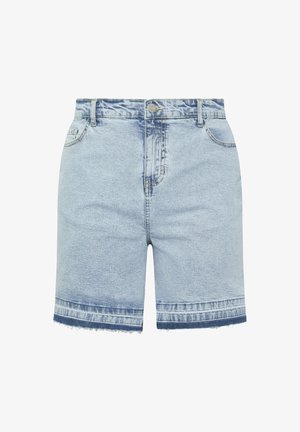 Lichtblauwe denimshorts met een hoge taille, knoop aan de voorkant, ritssluiting, zakken en rafelige zomen met donkerdere denimafwerking.