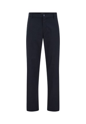 Tumesinised otse lõigatud püksid, millel on nööbi- ja lukusulgur, vööaugud ning nähtamatud taskud, kuvatud ühevärvilisel valgel taustal.