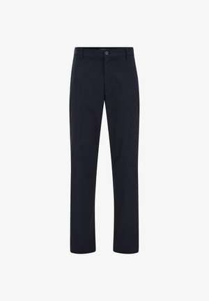 Tumši zili taisnas bikses ar pogas un rāvējslēdzēja aizdari, jostas cilpām un bez redzamām kabatām, attēlotas uz vienkārša balta fona.