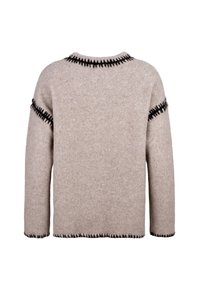 Hellbeiger Pullover aus weicher Wolle mit Rundhalsausschnitt, schwarzen Nähdetails entlang der Schultern und des Saums sowie langen Ärmeln.