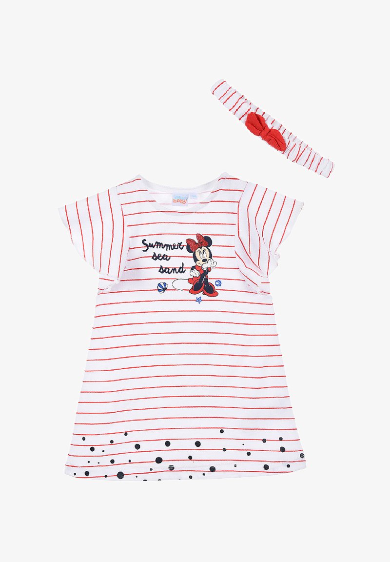 Gestreiftes Kleid in Rot und Weiß mit schwingenden Ärmeln, das ein besticktes Mausdesign und Text aufweist. Enthält ein passendes rotes Haarband mit Schleife.