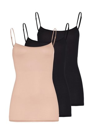 Trois camisoles spaghetti pour femmes en beige et noir, disposées en chevauchement dans une formation décalée.