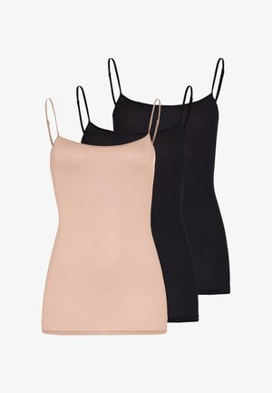 Trois camisoles spaghetti pour femmes en beige et noir, disposées en chevauchement dans une formation décalée.