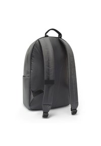 Gray fabric backpack with a rounded shape, padded shoulder straps, and a top handle. Features a side pocket for storage.