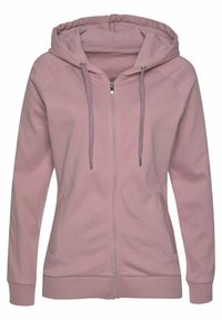 Rosa Zip-Hoodie mit Kapuze und Kordelzug, elastischen Bündchen und Saum sowie zwei seitlichen Taschen. Hergestellt aus weichem, dehnbarem Material.