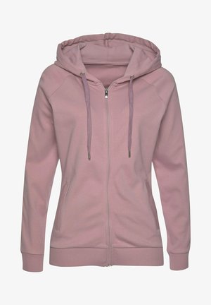 Pink zip-up hoodie with a drawstring hood, ribbed cuffs and hem, and two side pockets. Made from soft, stretchy material.