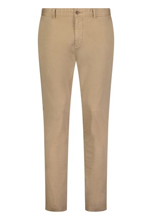 Beżowe chinosy wykonane z gładkiego bawełnianego materiału, slim fit, standardowy pas z zapięciem na guzik, oraz płaski przód bez wzorów lub akcentów.