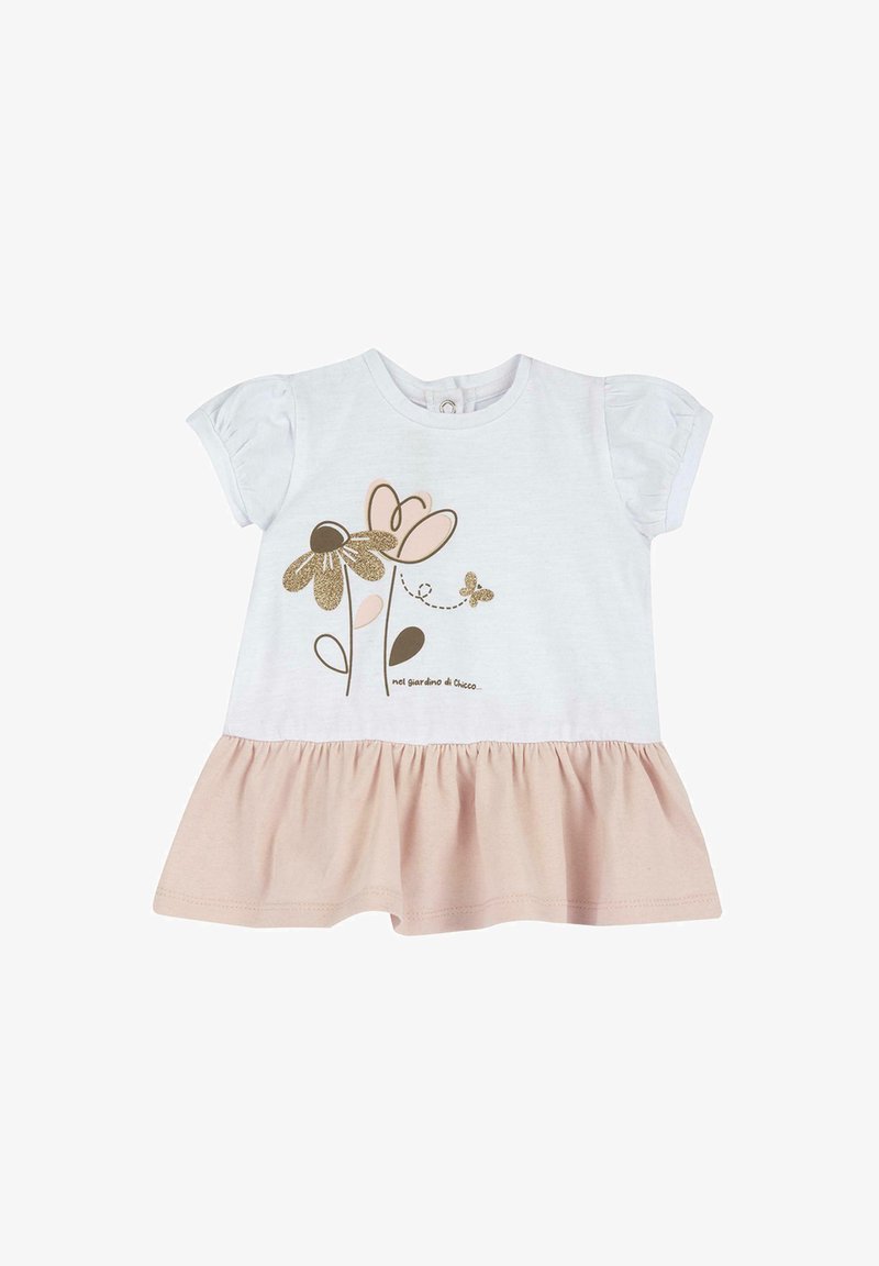 Robe blanche pour bébé avec manches courtes bouffantes, ourlet rose froncé et motif floral en forme de papillon avec texte en italien sur la poitrine.