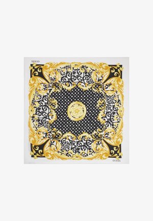 Quadratisches Tuch mit schwarz-weißen Polka-Dots und floralen Mustern, verzierten goldenen Barockrahmen und dem Schriftzug „GUESS“ in zwei Ecken.