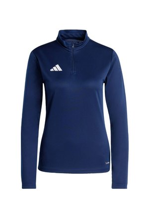 Pulover sportiv albastru închis cu mâneci lungi, fermoar de un sfert, guler înalt și logo alb Adidas pe piept.