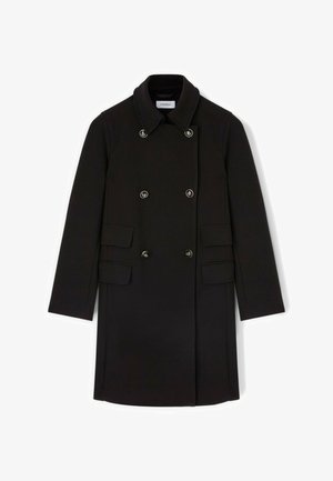 Zwarte dubbelbreasted jas met zes knopen, een brede kraag, lange mouwen en twee klepzakken aan elke kant.