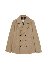 Cappotto beige doppiopetto con ampi revers, sei bottoni neri, due tasche frontali e fodera interna nera.