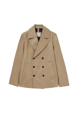 Manteau beige à double boutonnage avec grands revers, six boutons noirs, deux poches avant et une doublure intérieure noire.