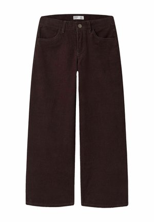 Pantalon large en velours côtelé marron foncé avec poches avant, passants de ceinture et fermeture par bouton.
