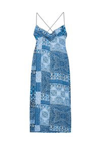 Robe à bretelles spaghetti en satin dans des nuances variables de bleu, avec un design en patchwork comportant des motifs paisley et floraux.