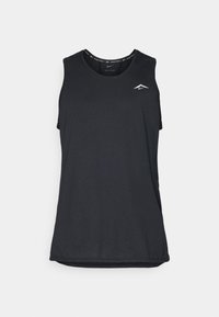 Black sleeveless athletic tank top with a rounded neckline, made from lightweight material, featuring a small white logo in the upper left corner.