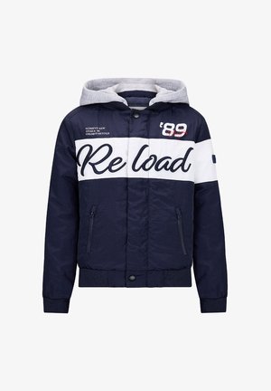 Marineblaue und weiße Kapuzenjacke mit dem Schriftzug "Reload" auf der Brust, Reißverschlusstaschen sowie zusätzlichen kleinen Texten "'89" und motivierenden Sprüchen.