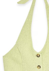Zelena halter top iz platna z globokim V-izrezom in dvema sprednjima gumboma, s teksturirano tkanino in dolgimi vezalkami.