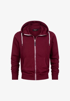 Sudadera con capucha con cremallera color burdeos, hecha de algodón, con un bolsillo frontal, cordones blancos, puños acanalados y una capucha ajustada.